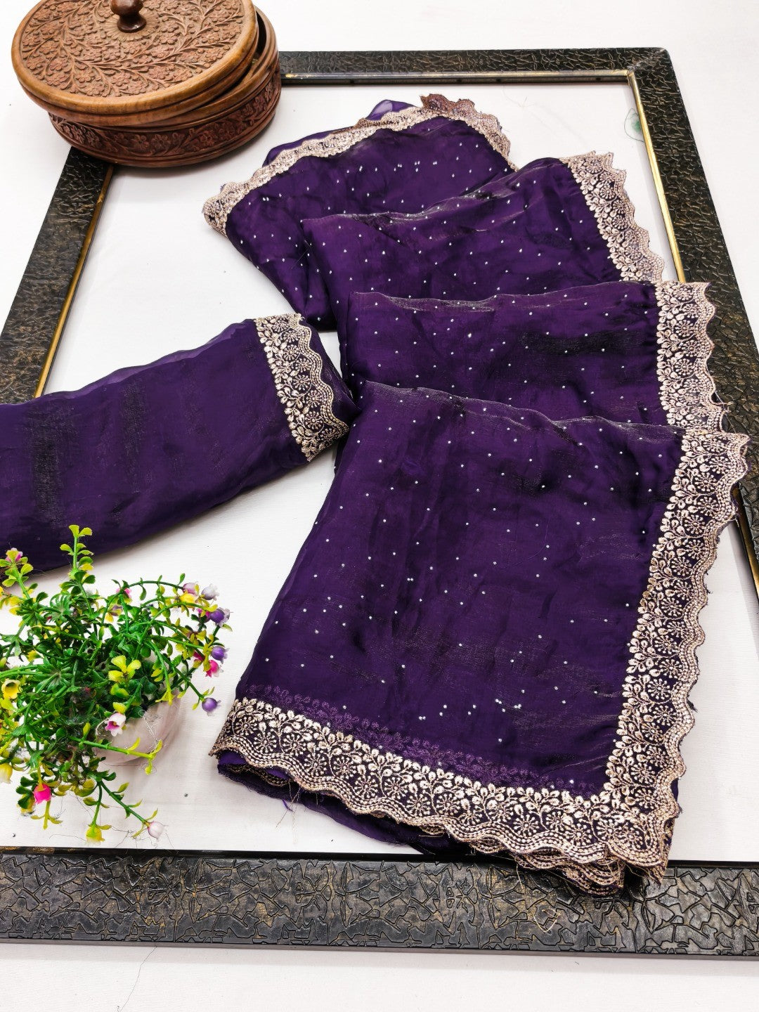 Elegant Purple Organza Satin Silk Saree With Swarovski  Work & Floral Embroidered Border - Image 2
