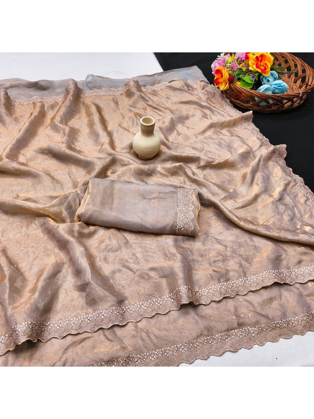 Elegant Chikoo Organza Satin Silk Saree With Swarovski Work & Floral Embroidered Border - Image 3