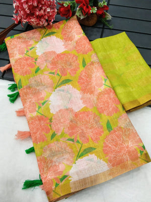 Elegant Yellow Linen Saree with Floral Print and Tassel Details - Image 2