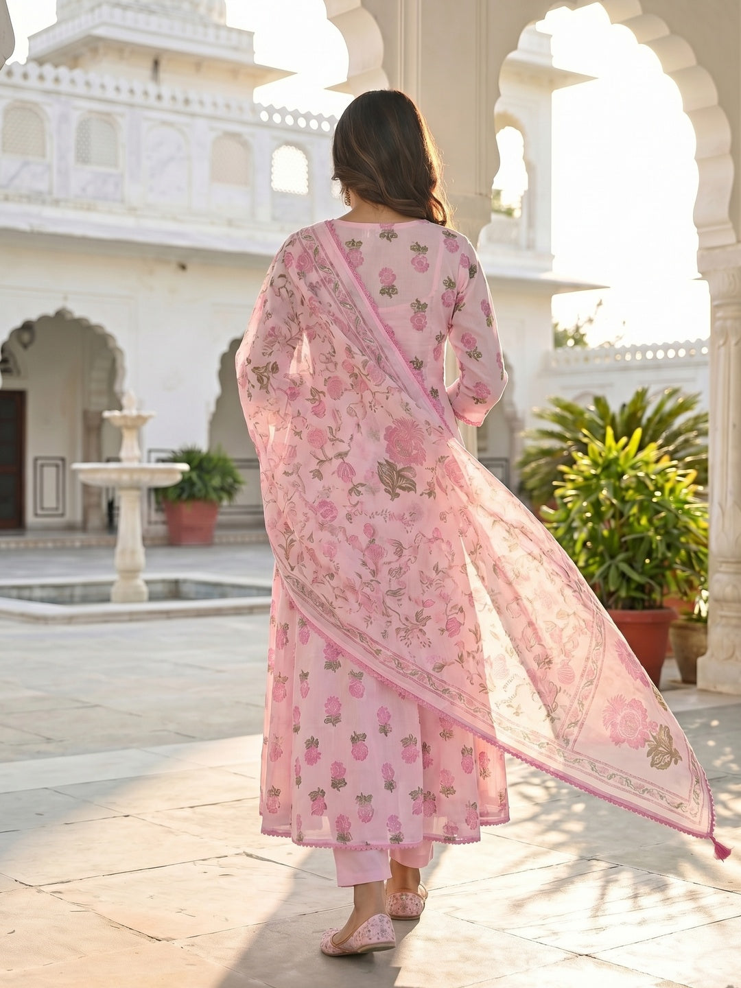 Pink Floral Printed Mulmul Cotton Anarkali Salwar Suit Set - Image 2