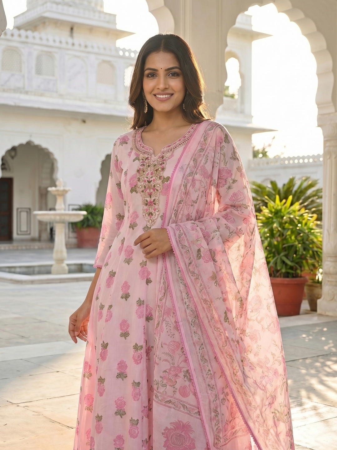 Pink Floral Printed Mulmul Cotton Anarkali Salwar Suit Set - Image 3