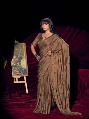 Designer Brown Satin Saree with Subtle Detailing Modern Party Outfit - Image 2
