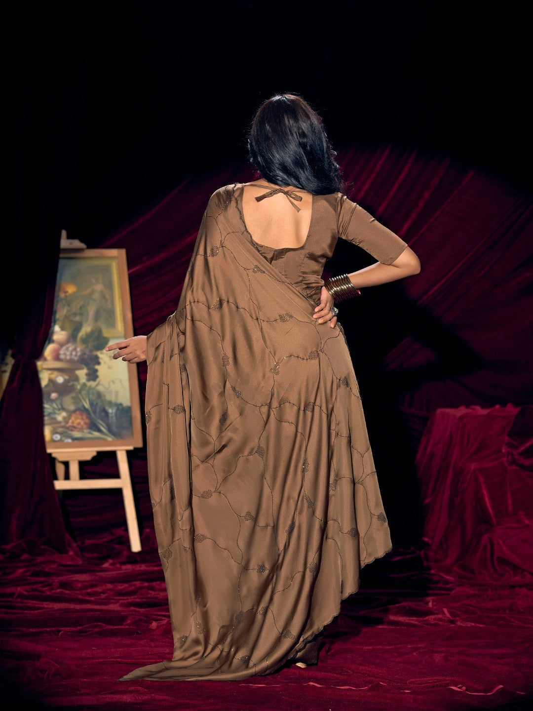 Designer Brown Satin Saree with Subtle Detailing Modern Party Outfit - Image 4