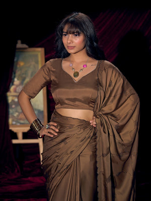 Designer Brown Satin Saree with Subtle Detailing Modern Party Outfit - Image 2