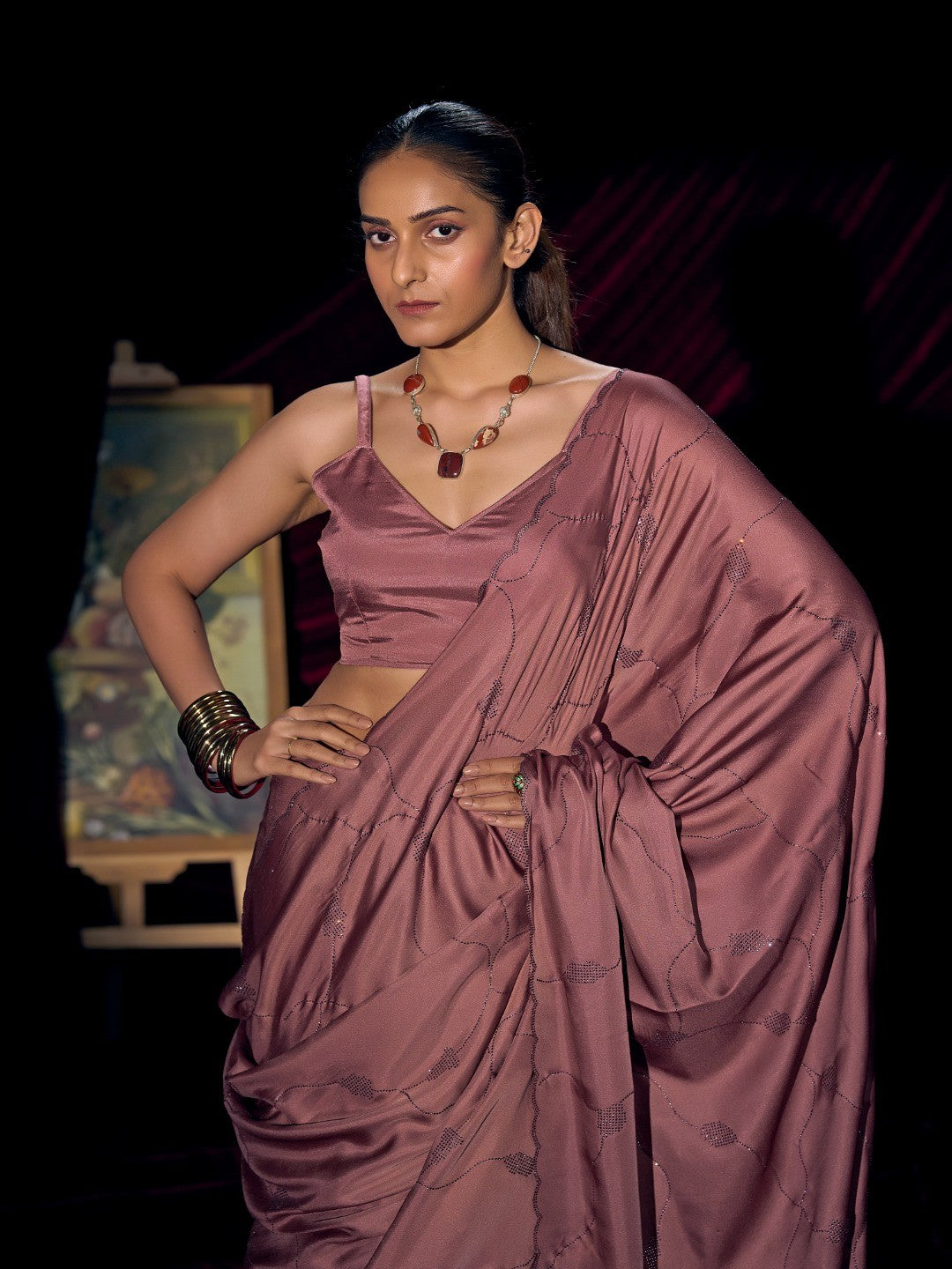 Designer Mauve Satin Saree with Subtle Detailing Modern Party Outfit - Image 3