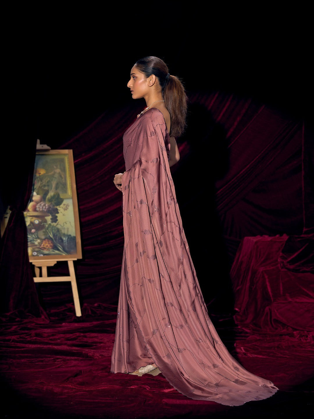 Designer Mauve Satin Saree with Subtle Detailing Modern Party Outfit - Image 5
