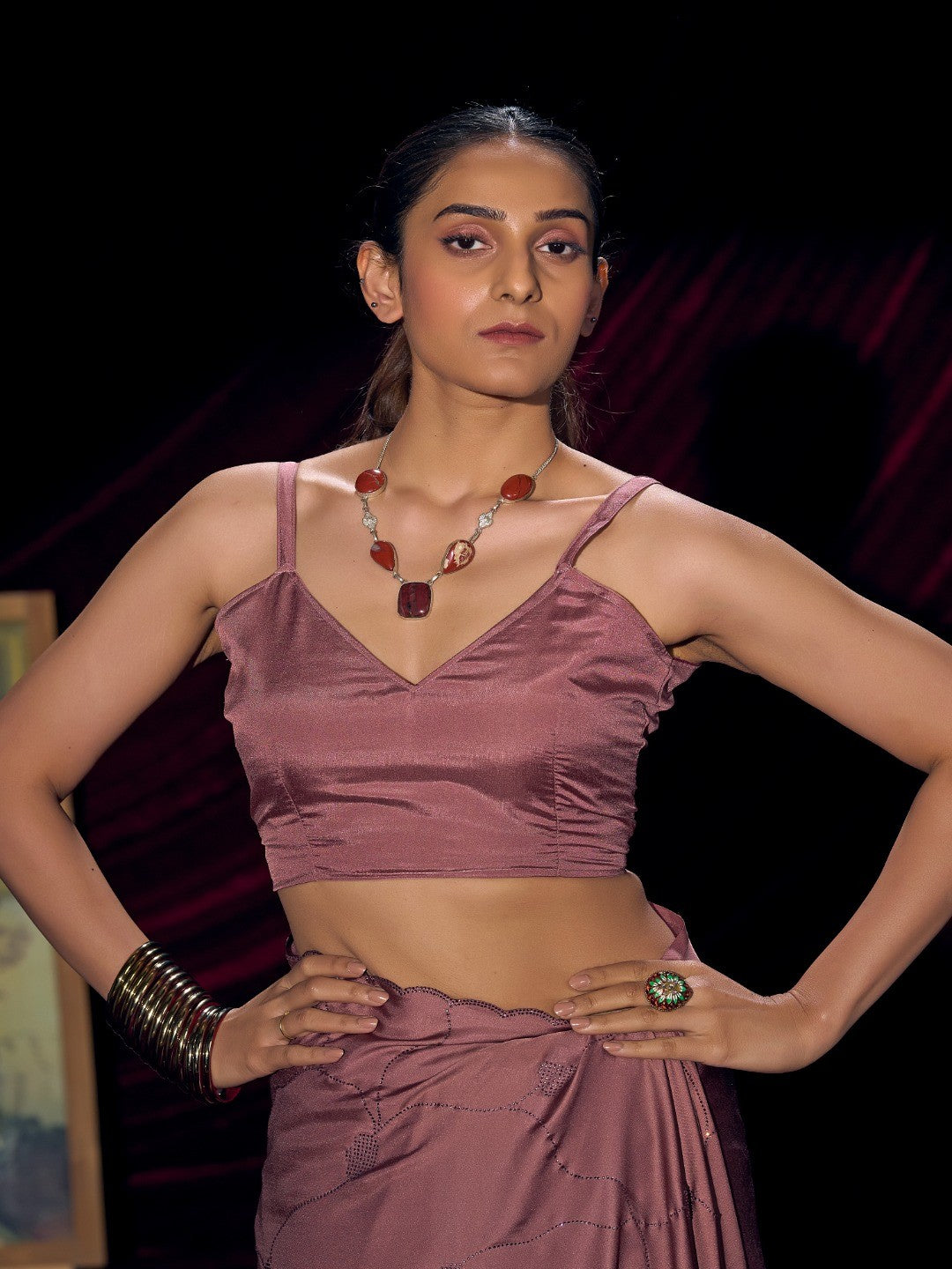 Designer Mauve Satin Saree with Subtle Detailing Modern Party Outfit - Image 6