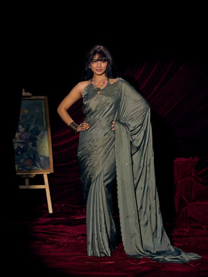 Designer Sage Green Satin Saree with Subtle Detailing Modern Party Outfit - Image 1