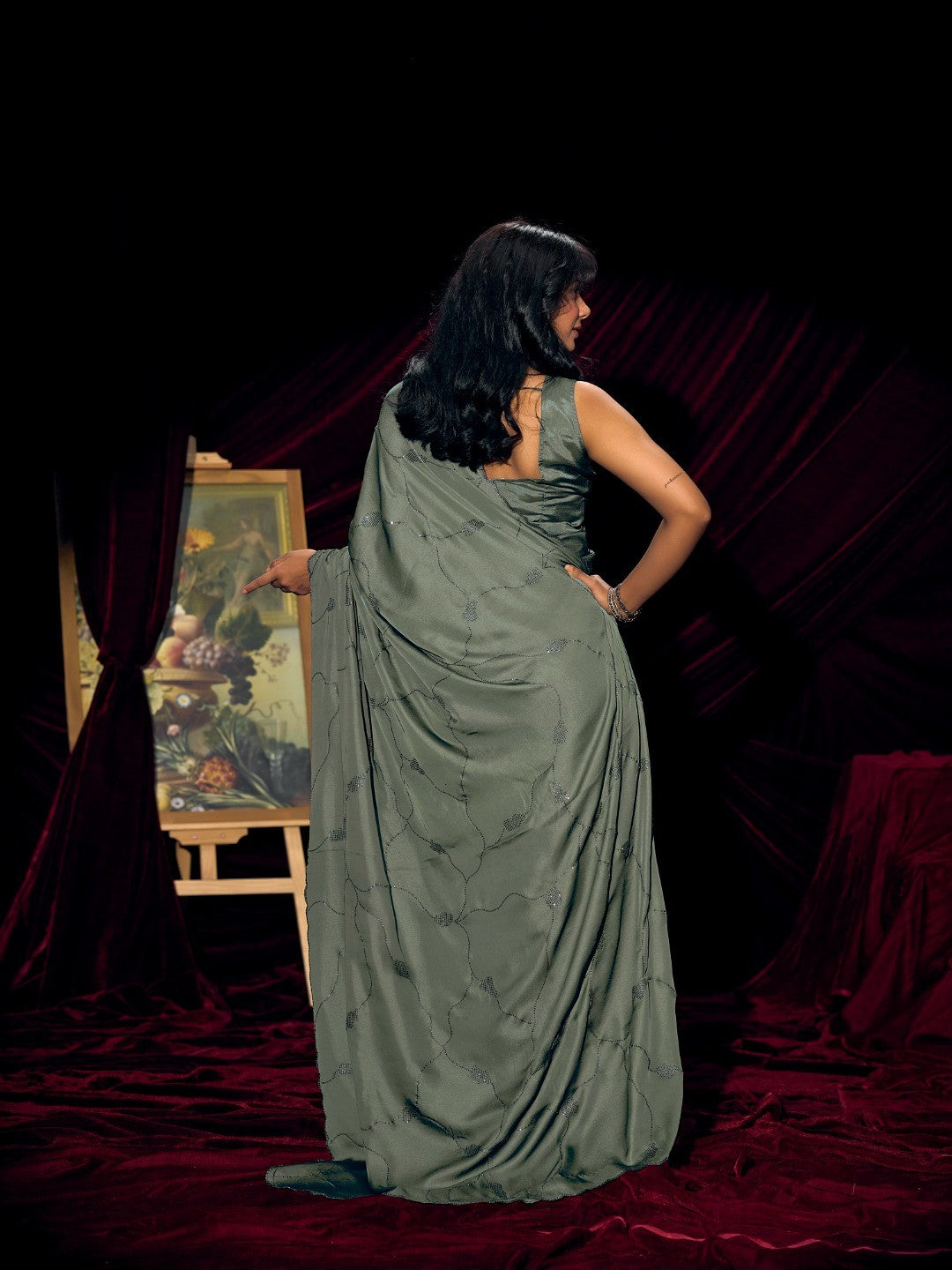 Designer Sage Green Satin Saree with Subtle Detailing Modern Party Outfit - Image 3