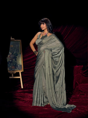 Designer Sage Green Satin Saree with Subtle Detailing Modern Party Outfit - Image 2