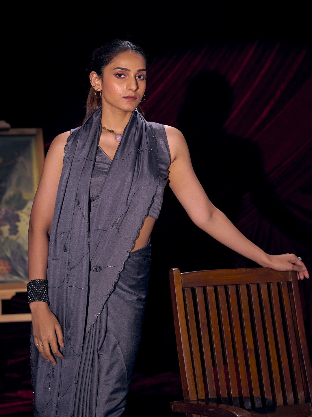Designer Purple Satin Saree with Subtle Detailing Modern Party Outfit - Image 5