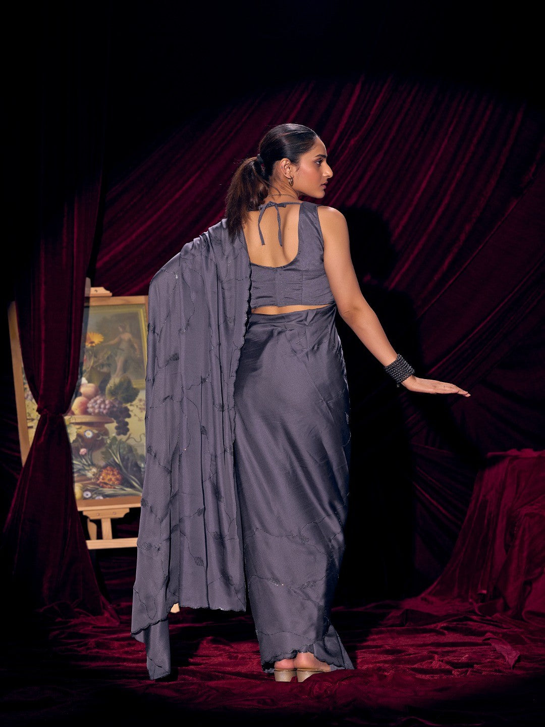 Designer Purple Satin Saree with Subtle Detailing Modern Party Outfit - Image 4