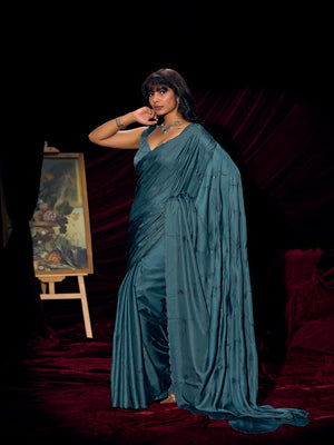 Designer Teal Satin Saree with Subtle Detailing Modern Party Outfit - Image 1