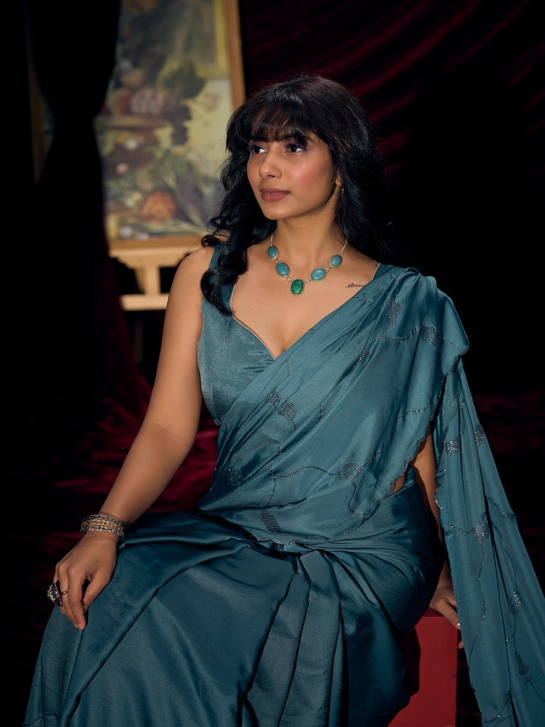 Designer Teal Satin Saree with Subtle Detailing Modern Party Outfit - Image 5