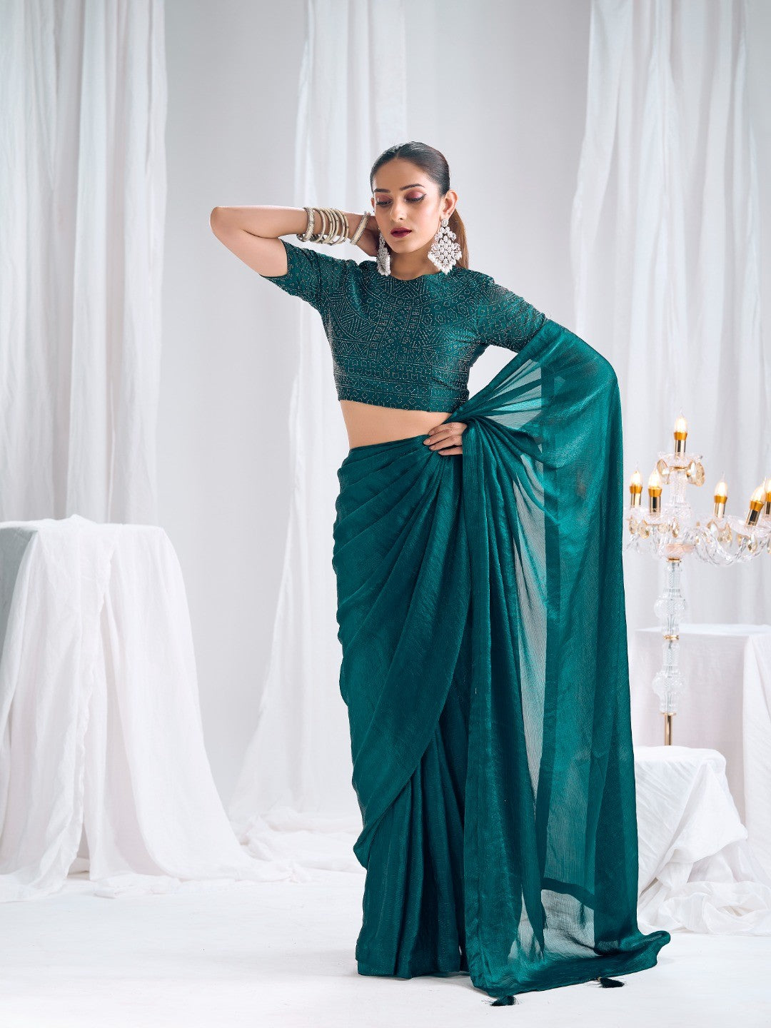 Designer Morpich Green Satin Saree with Embellished Blouse Modern Party Outfit - Image 3