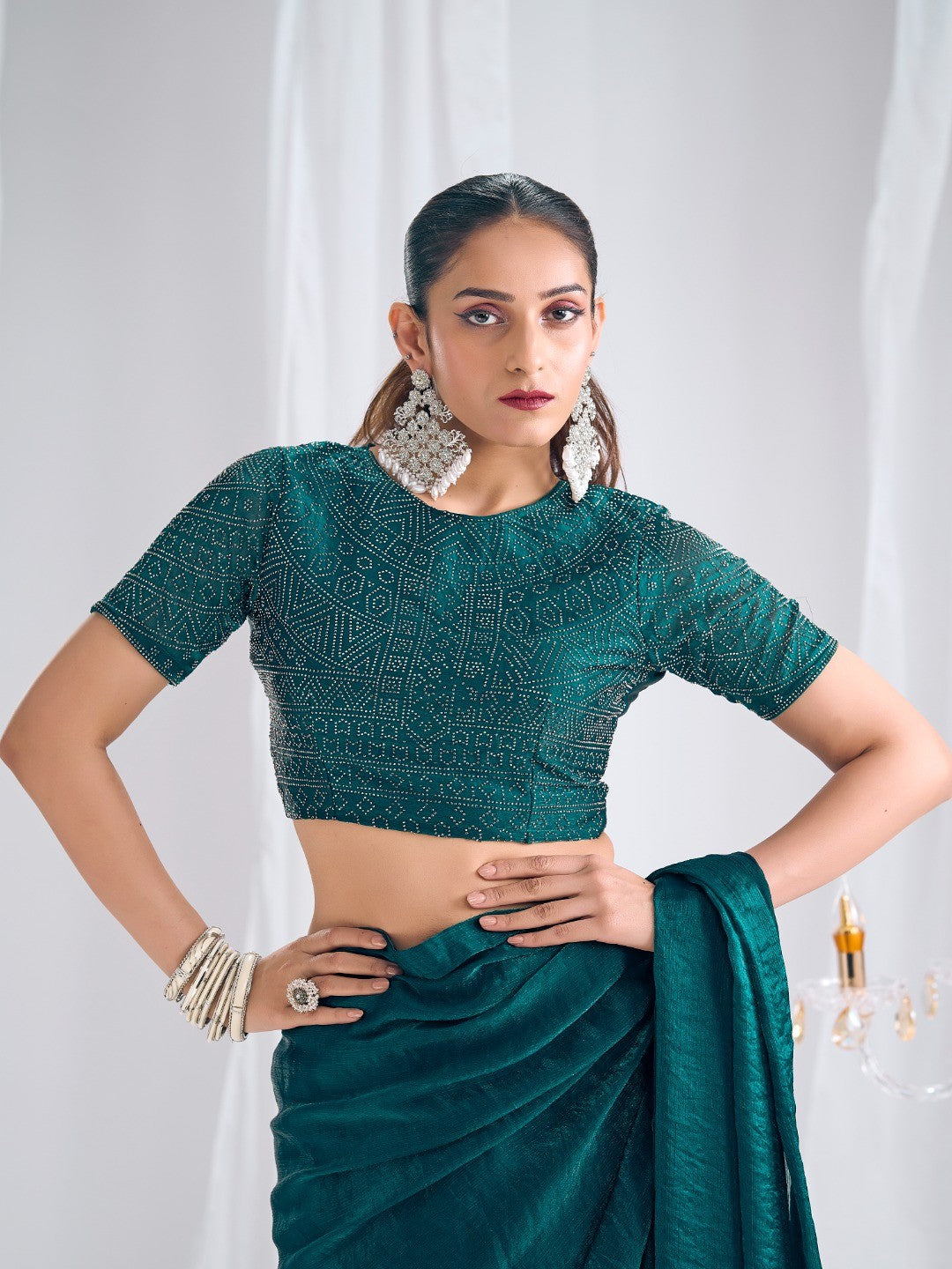 Designer Morpich Green Satin Saree with Embellished Blouse Modern Party Outfit - Image 2