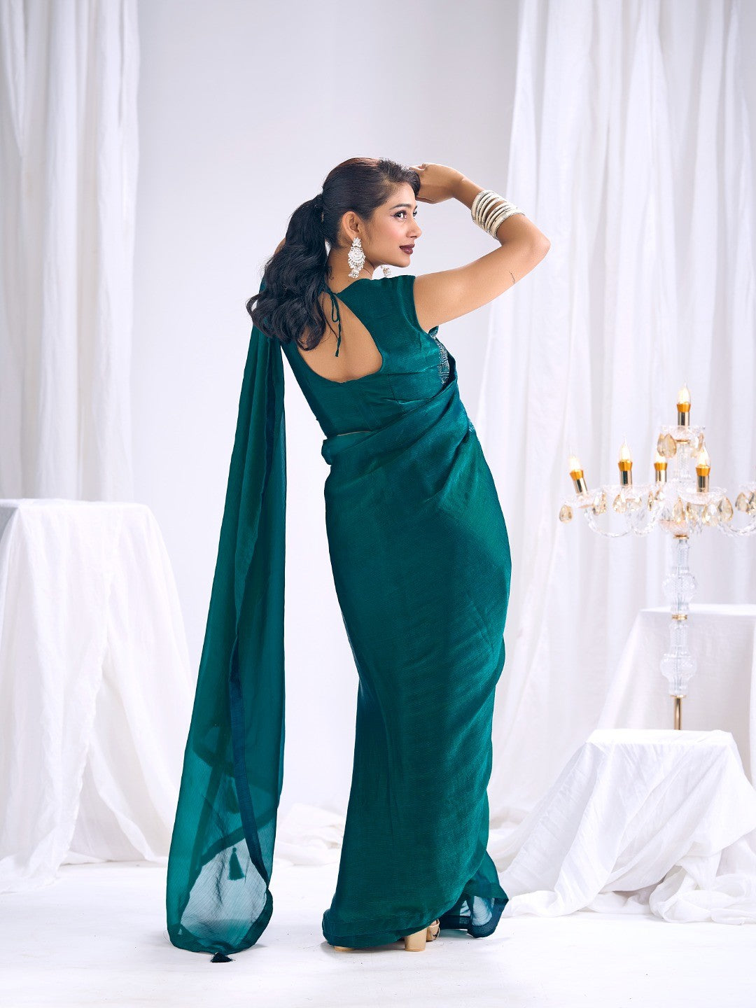Designer Morpich Green Satin Saree with Embellished Blouse Modern Party Outfit - Image 5