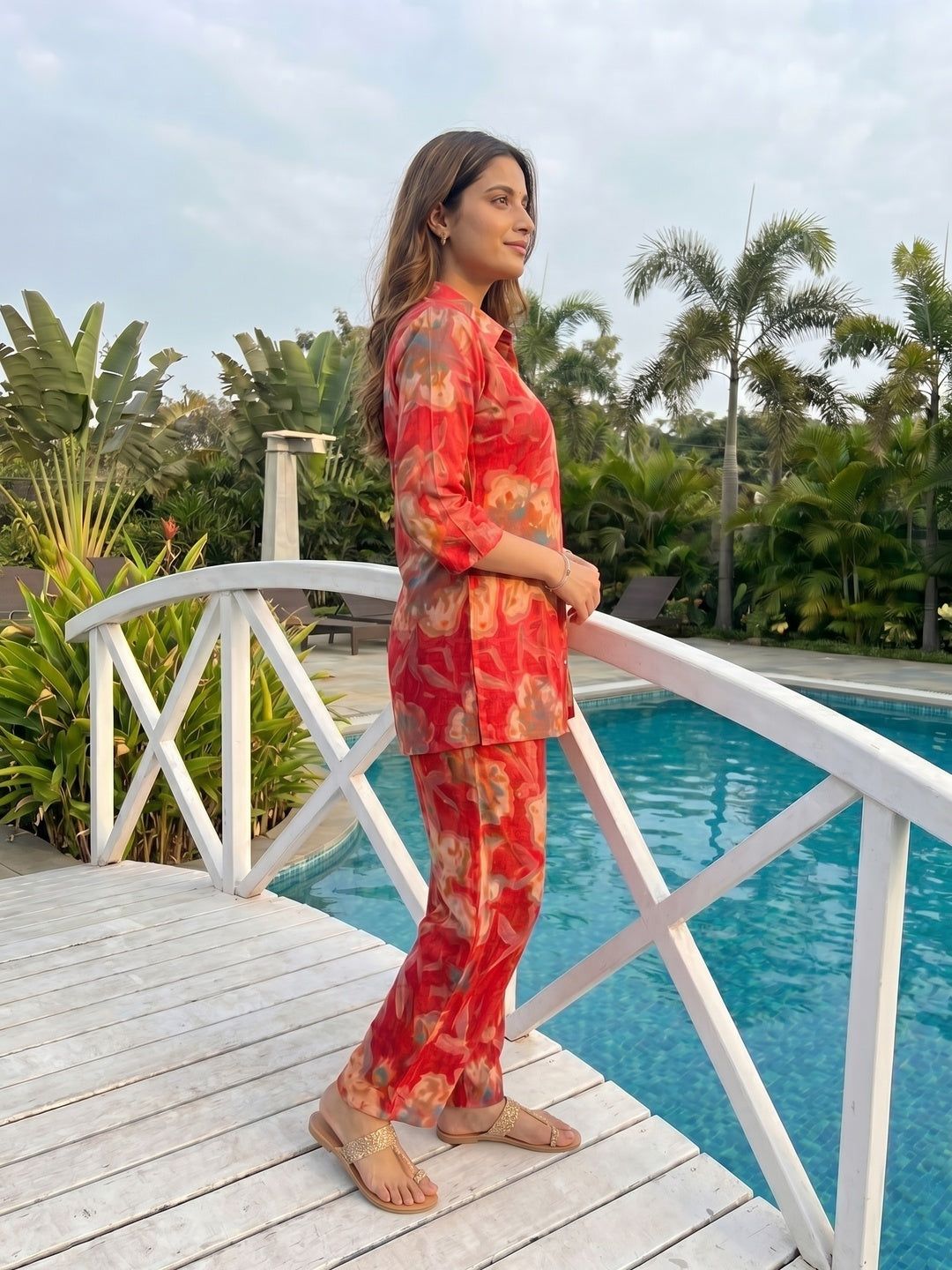 Red Floral Printed Rayon Top Bottom Set Stylish Everyday Ethnic Wear - Image 3