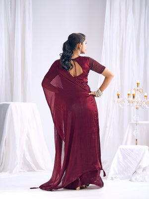 Designer Burgundy Satin Saree with Embellished Blouse Modern Party Outfit - Image 2