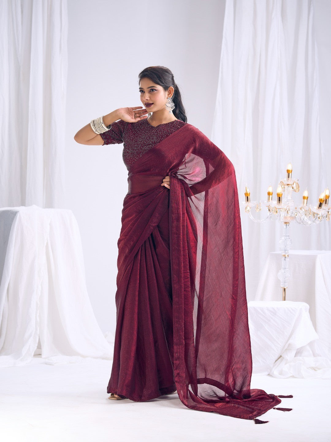 Designer Burgundy Satin Saree with Embellished Blouse Modern Party Outfit - Image 3