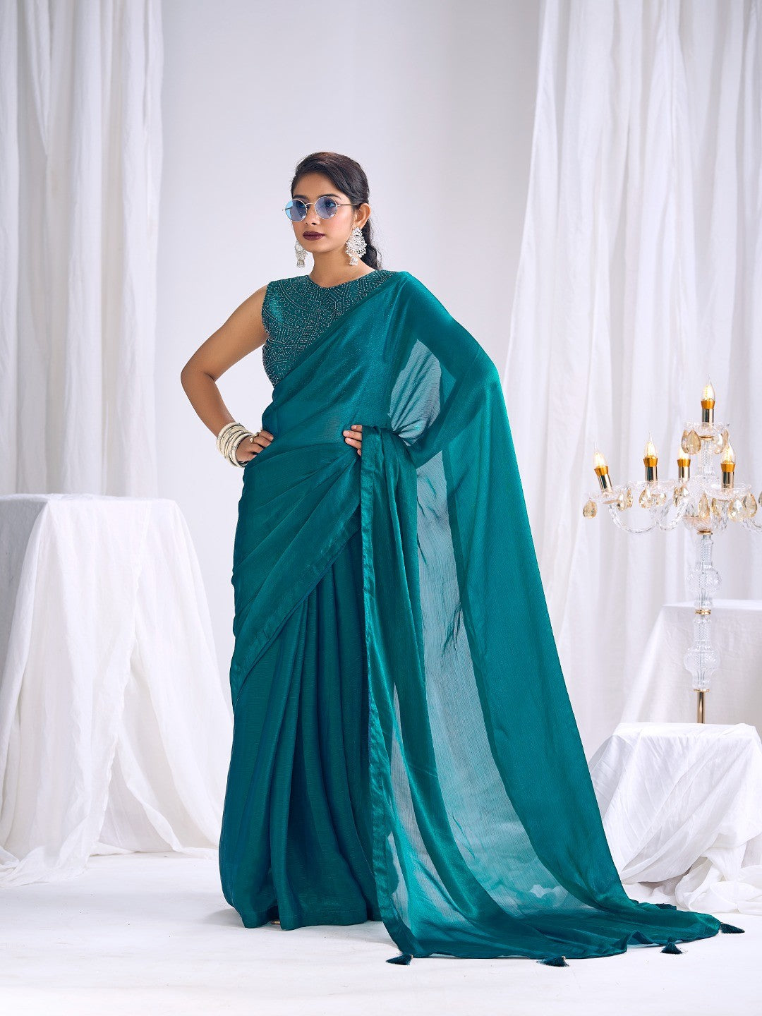 Designer Teal Satin Saree with Embellished Blouse Modern Party Outfit - Image 1