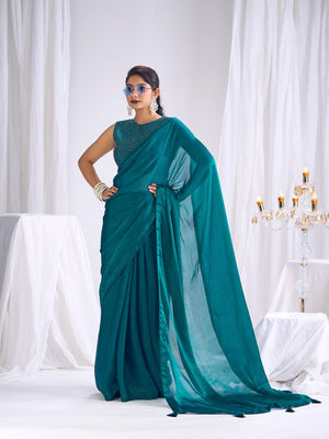 Designer Teal Satin Saree with Embellished Blouse Modern Party Outfit - Image 1