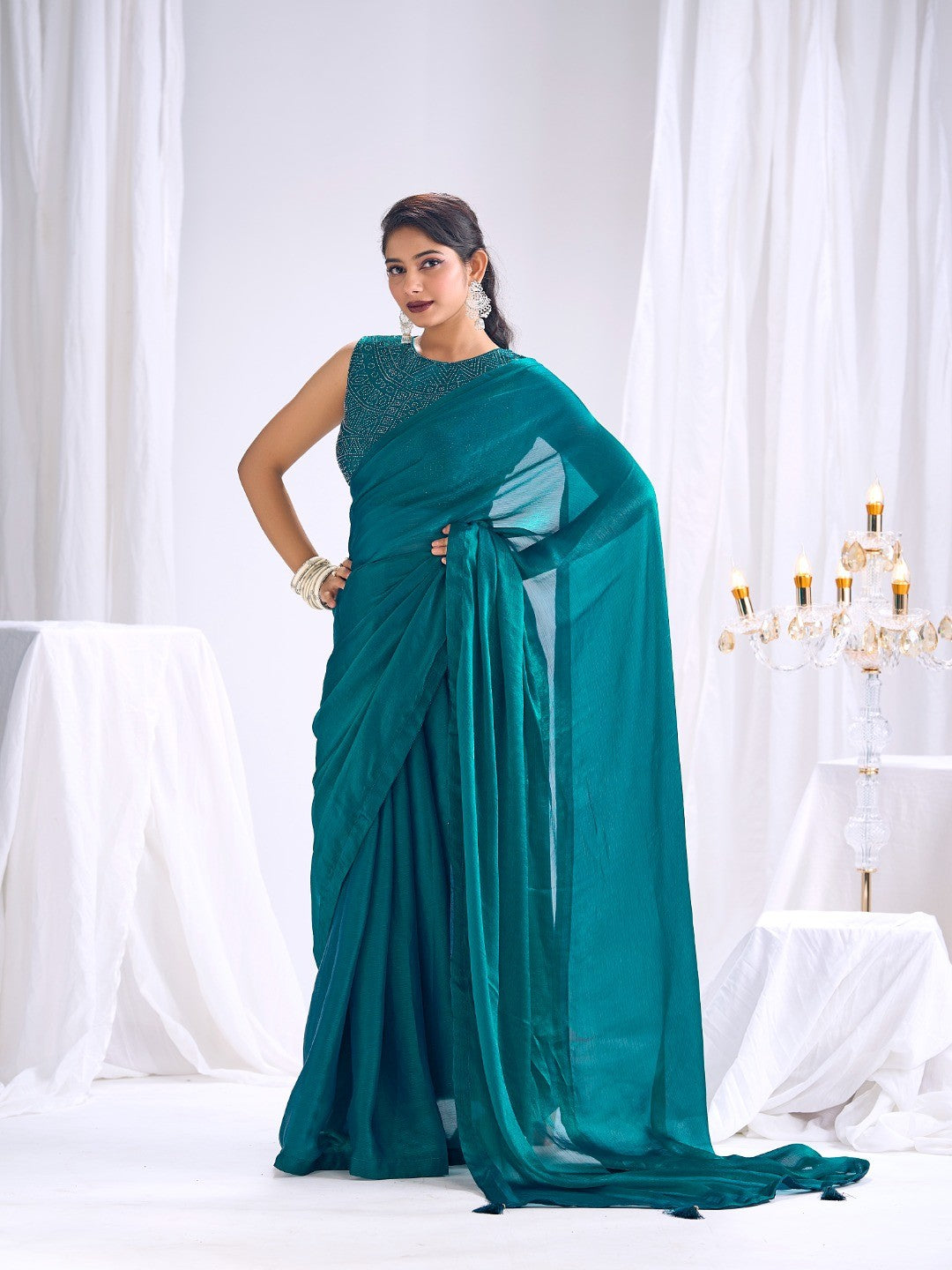 Designer Teal Satin Saree with Embellished Blouse Modern Party Outfit - Image 4
