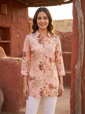 Premium Peach Floral Printed Muslin Top Chic Casual Style - Image 1