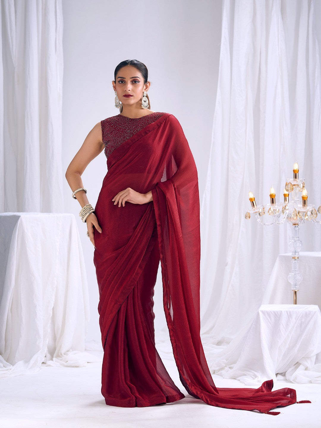 Designer Deep Red Satin Saree with Embellished Blouse Modern Party Outfit - Image 1