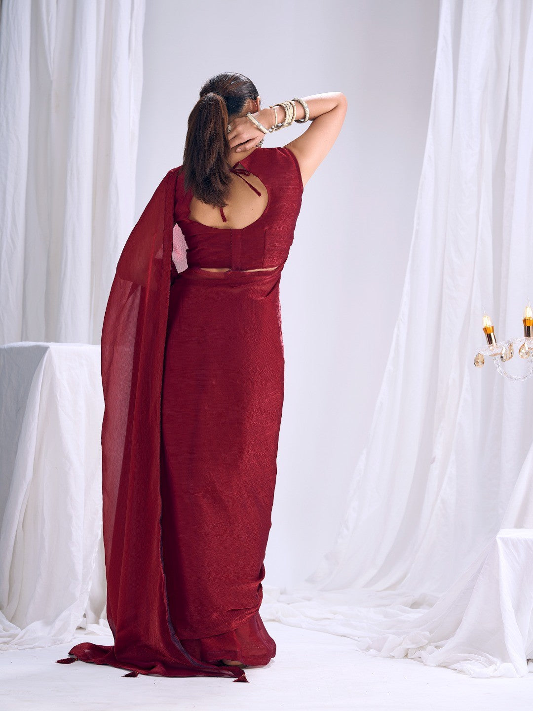 Designer Deep Red Satin Saree with Embellished Blouse Modern Party Outfit - Image 4