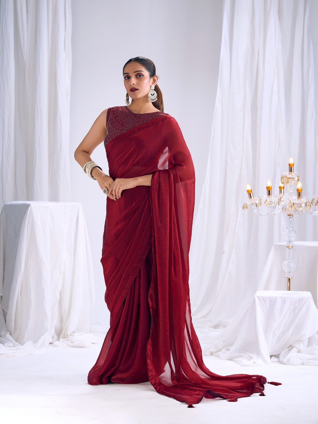 Designer Deep Red Satin Saree with Embellished Blouse Modern Party Outfit - Image 3