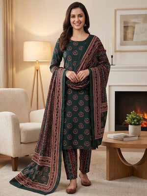 Exclusive Dark Bottle Green Geometric Printed Rayon Dress Material With Delicate Design Finish - Image 1