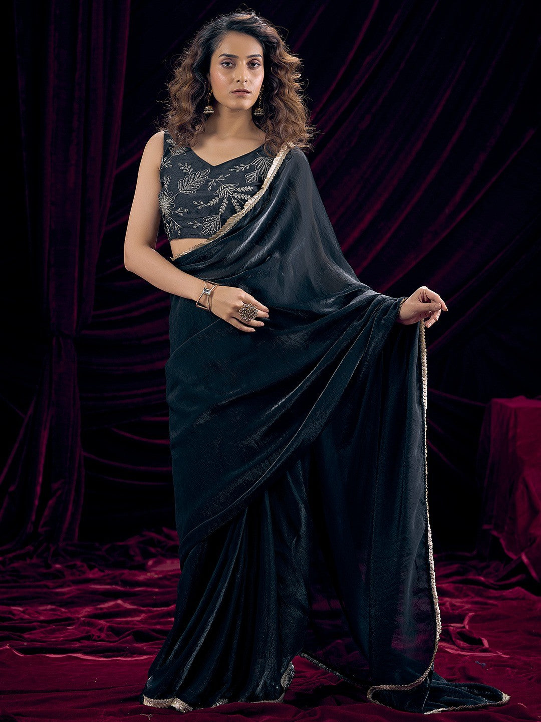 Classic Black Solid Art Silk Saree Adorned With Traditional Gota Patti Lace Work - Image 1
