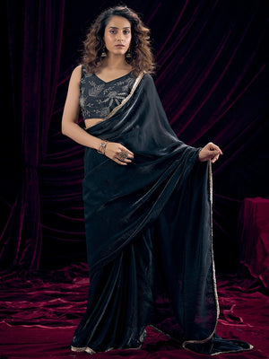 Classic Black Solid Art Silk Saree Adorned With Traditional Gota Patti Lace Work - Image 1