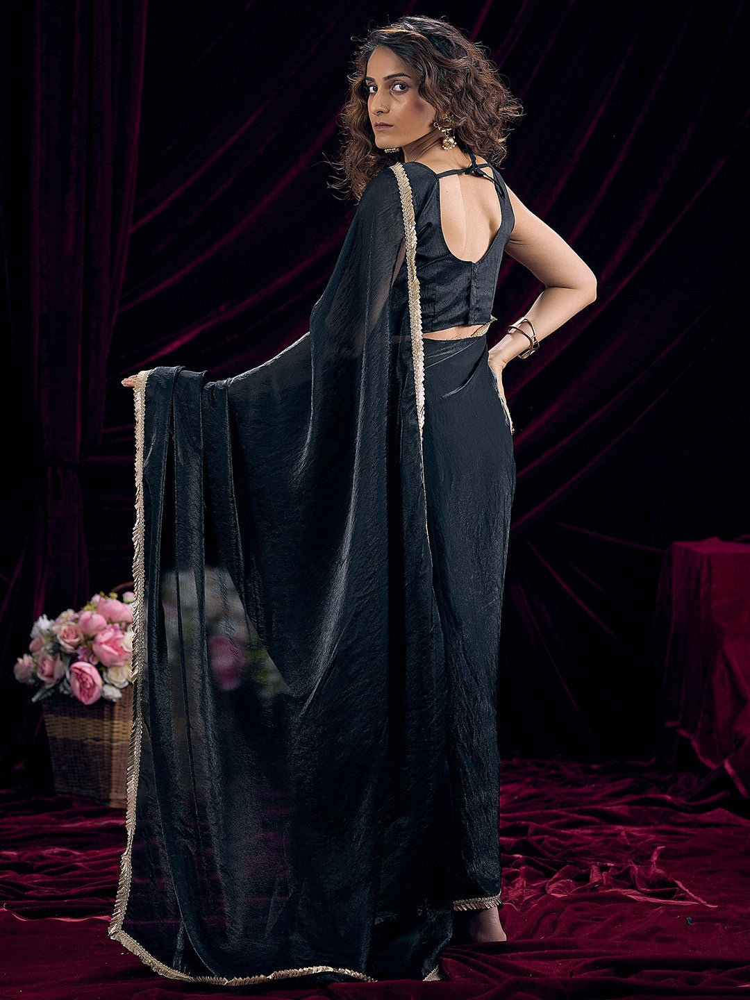 Classic Black Solid Art Silk Saree Adorned With Traditional Gota Patti Lace Work - Image 4