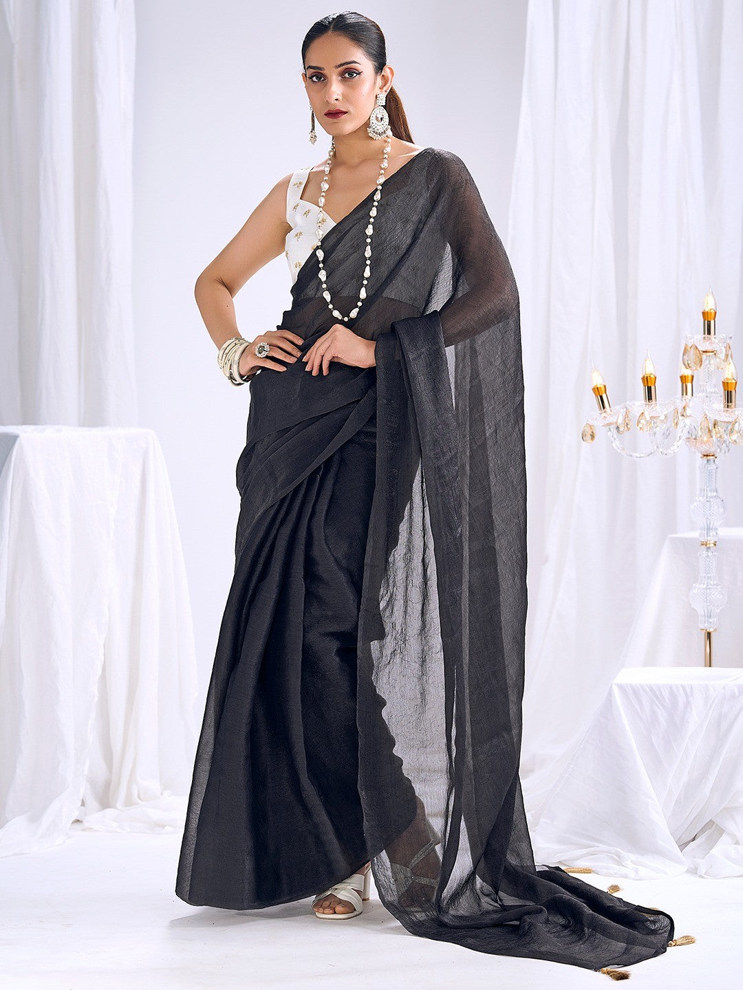 Graceful Black Art Silk Party Wear Saree With Minimal Solid Design & Tassel Pallu - Image 1