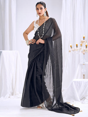 Graceful Black Art Silk Party Wear Saree With Minimal Solid Design & Tassel Pallu - Image 1