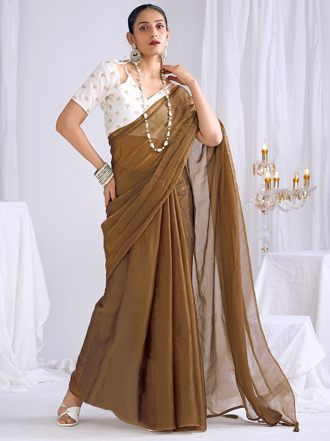 Graceful Brown Art Silk Party Wear Saree With Minimal Solid Design & Tassel Pallu - Image 6