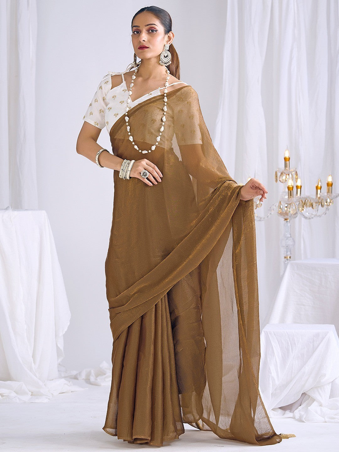 Graceful Brown Art Silk Party Wear Saree With Minimal Solid Design & Tassel Pallu - Image 5