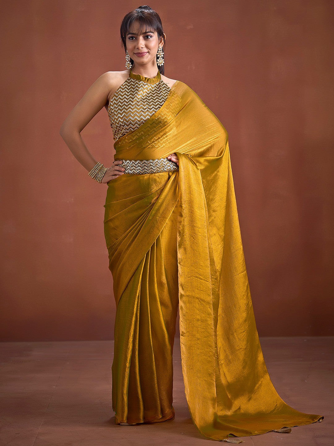 Trendy Mustard Solid Art Silk Saree With Stylish Belt & Tassel Pallu Detailing - Image 1