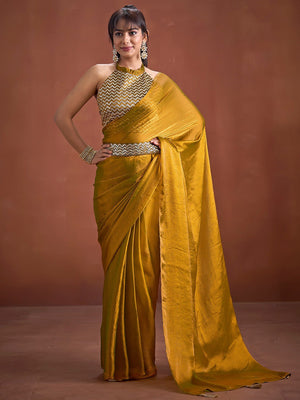 Trendy Mustard Solid Art Silk Saree With Stylish Belt & Tassel Pallu Detailing - Image 1