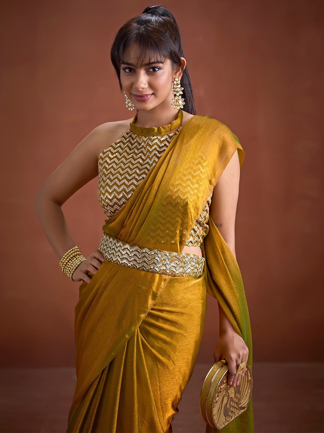 Trendy Mustard Solid Art Silk Saree With Stylish Belt & Tassel Pallu Detailing - Image 3