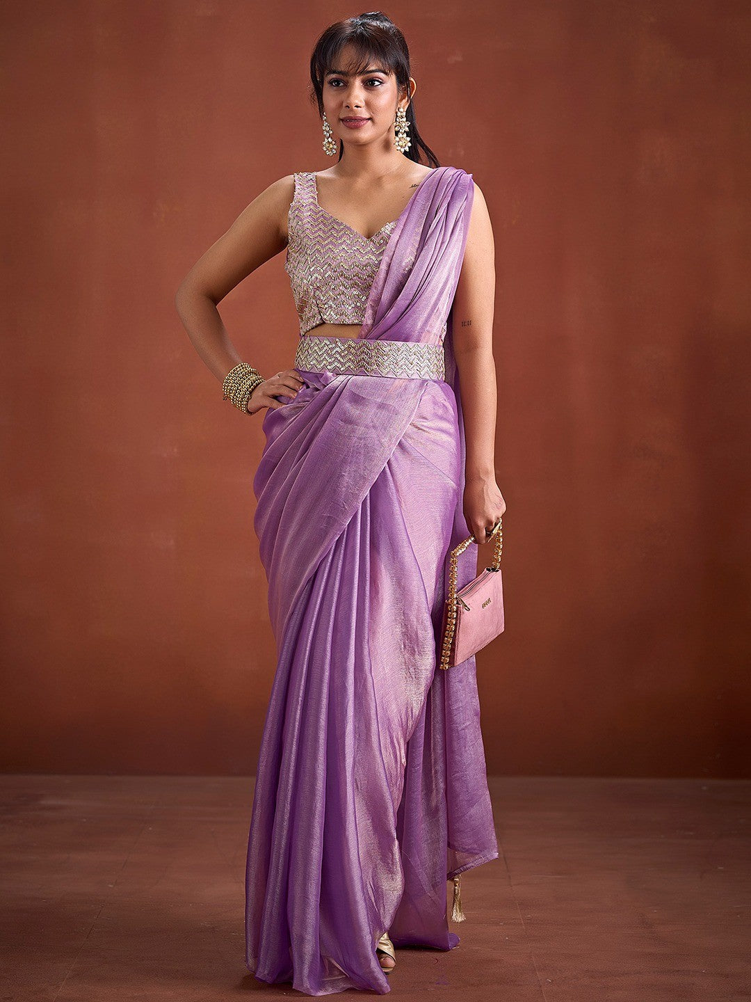 Trendy Lavender Solid Art Silk Saree With Stylish Belt & Tassel Pallu Detailing - Image 1