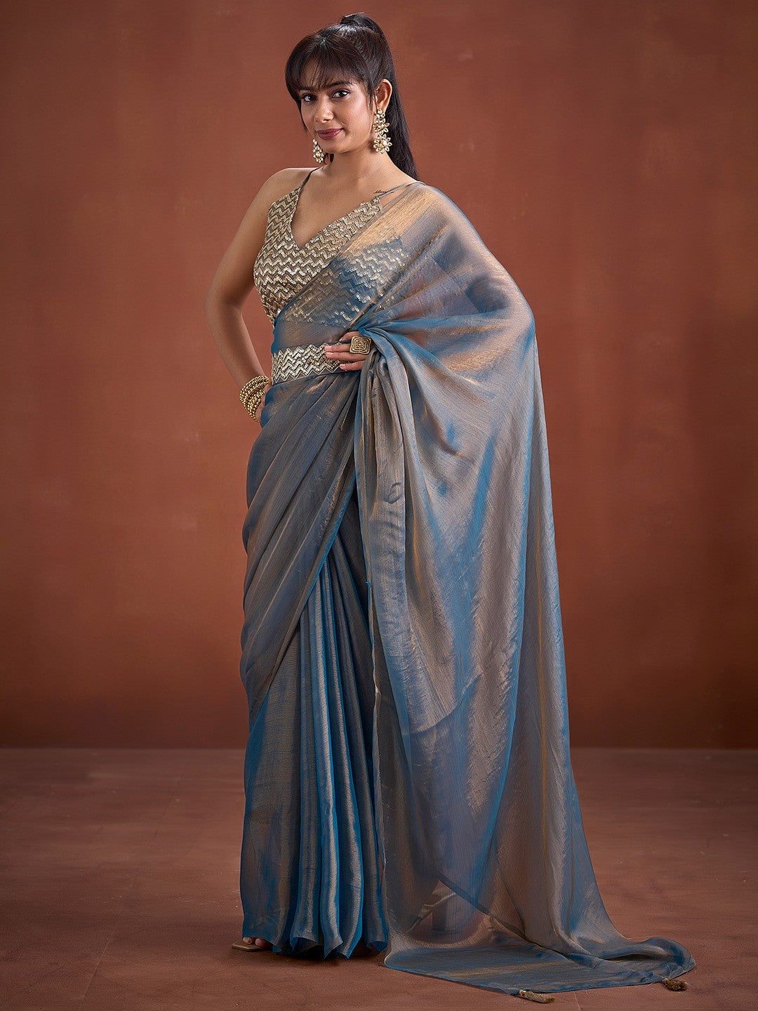 Trendy Blue Solid Art Silk Saree With Stylish Belt & Tassel Pallu Detailing - Image 6