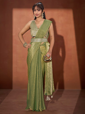 Trendy Pista Green Solid Art Silk Saree With Stylish Belt & Tassel Pallu Detailing - Image 1