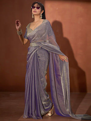 Trendy Greyish Purple Solid Art Silk Saree With Stylish Belt & Tassel Pallu Detailing - Image 2