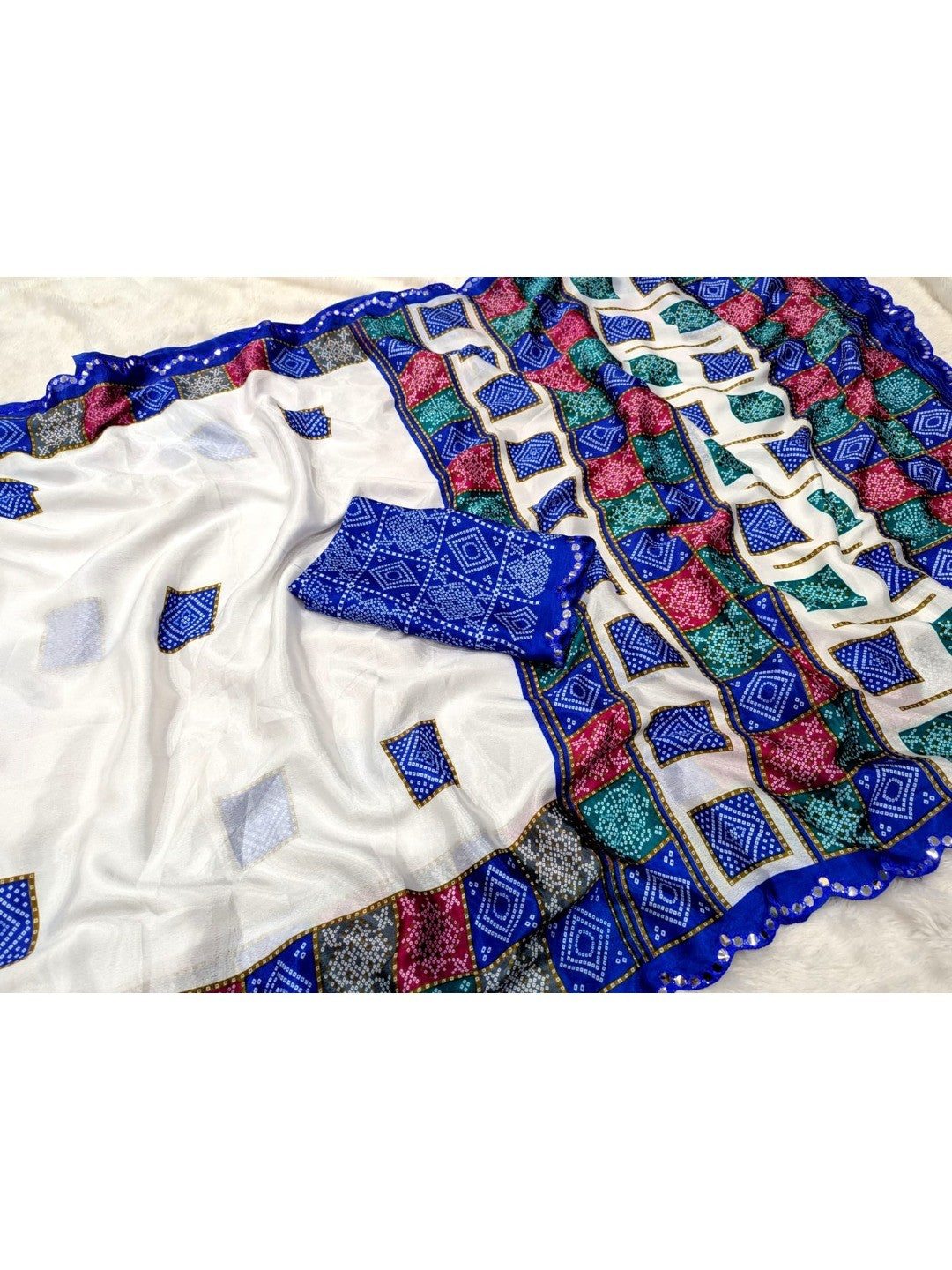 Elegant White & Blue Vichitra Silk Bandhani Saree with Mirror Work - Image 2