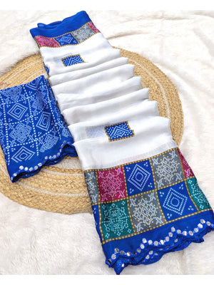 Elegant White & Blue Vichitra Silk Bandhani Saree with Mirror Work - Image 3