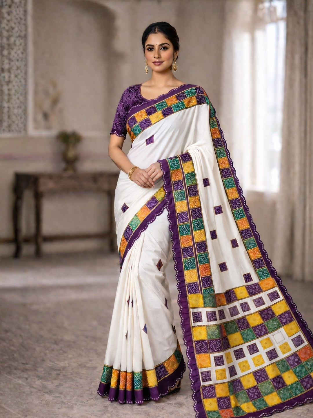 Elegant White & Wine Vichitra Silk Bandhani Saree with Mirror Work Border - Image 1