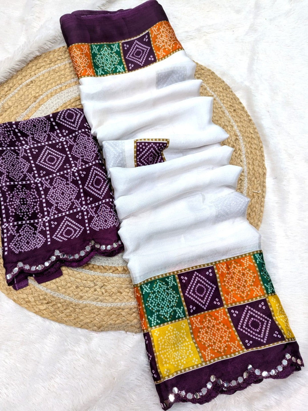 Elegant White & Wine Vichitra Silk Bandhani Saree with Mirror Work Border - Image 2